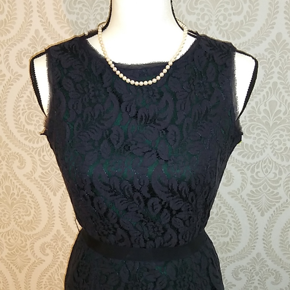 Talbots Black Lace Green Lining Midi Dress Size 6P